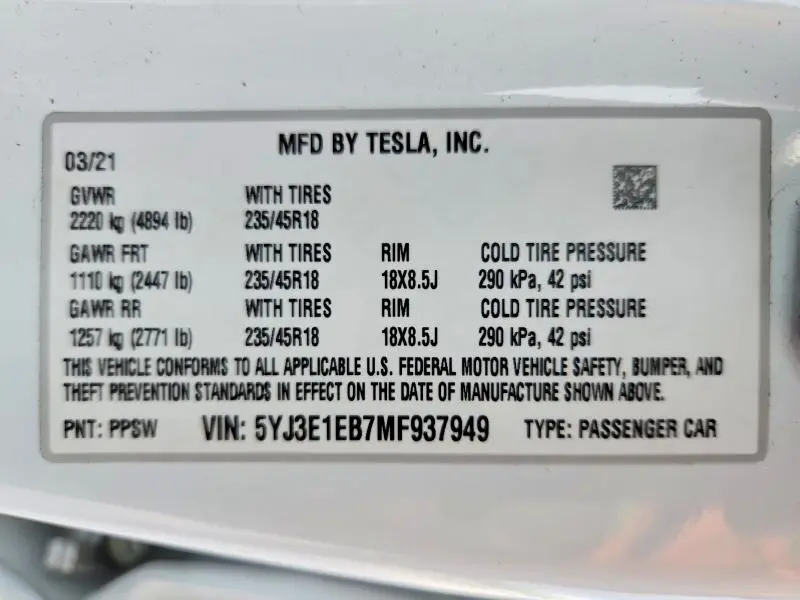 2021 TESLA MODEL 3   