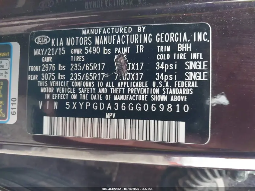 2016 KIA SORENTO 2.4L LX