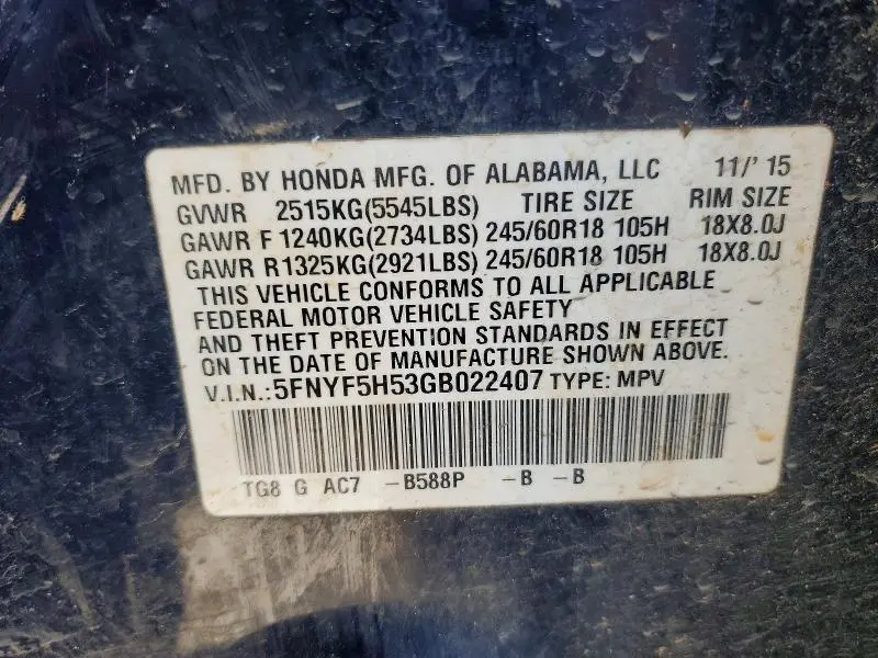 2016 HONDA PILOT EXL  