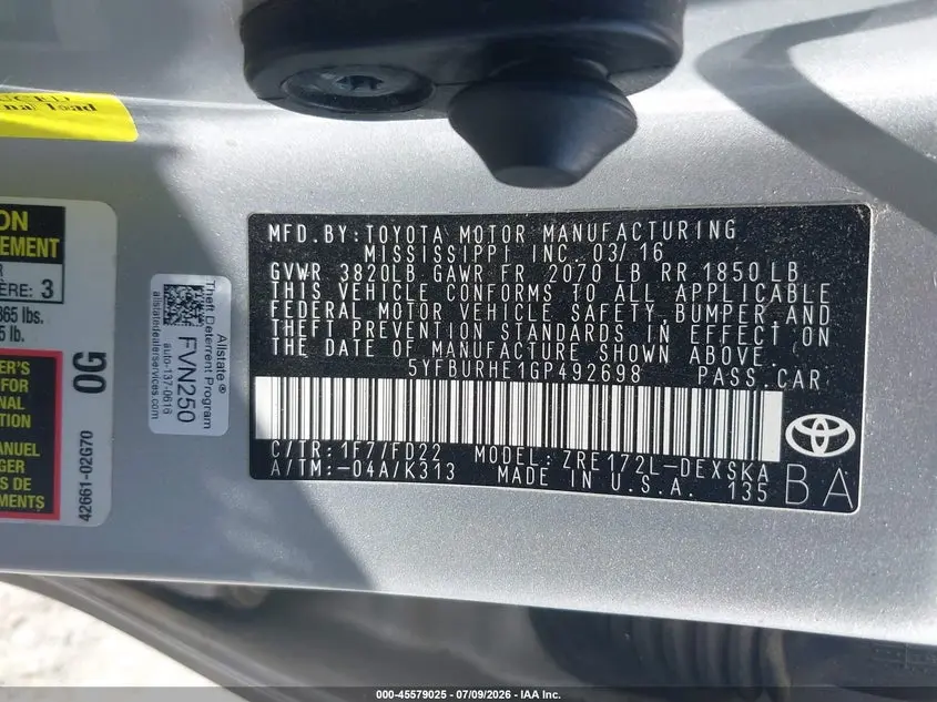2016 TOYOTA COROLLA S