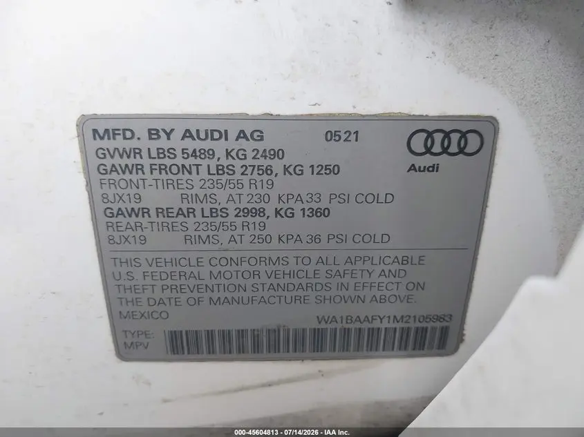 2021 AUDI Q5 PREMIUM PLUS 45 TFSI QUATTRO S TRONIC