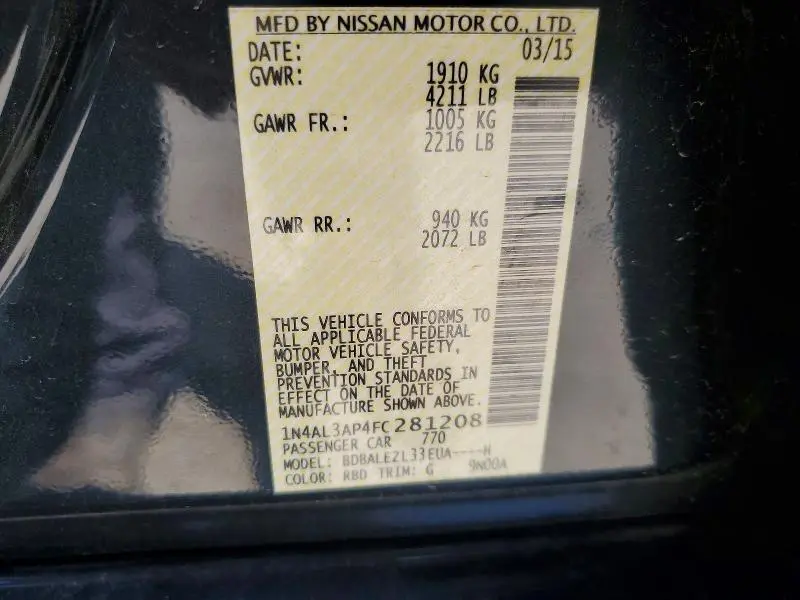 2015 NISSAN ALTIMA 2.5 S  