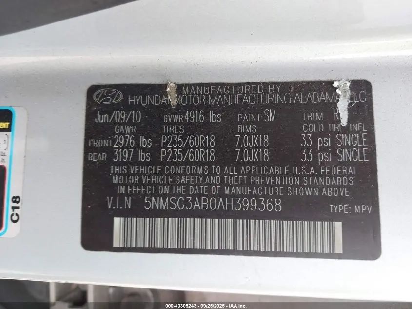 2010 HYUNDAI SANTA FE GLS