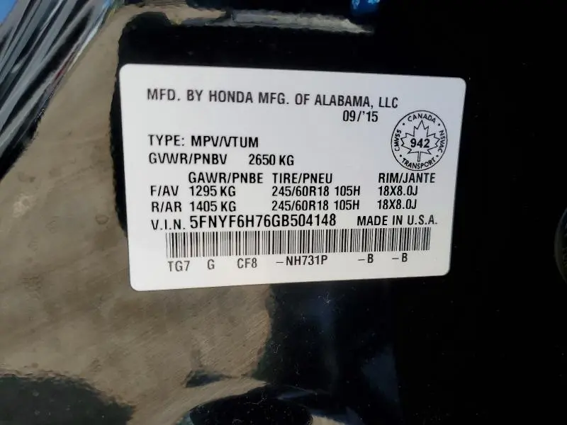 2016 HONDA PILOT EXLN  