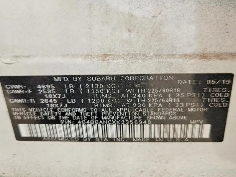 2019 SUBARU OUTBACK 2.5I LIMITED  
