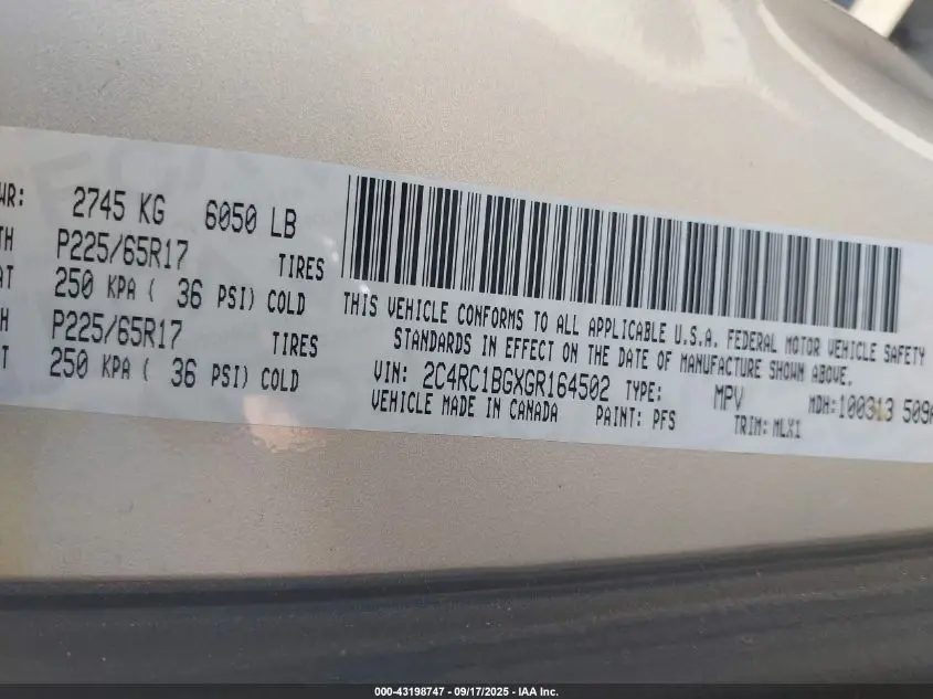 2016 CHRYSLER TOWN & COUNTRY TOURING