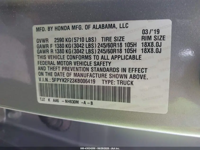 2019 HONDA RIDGELINE RT