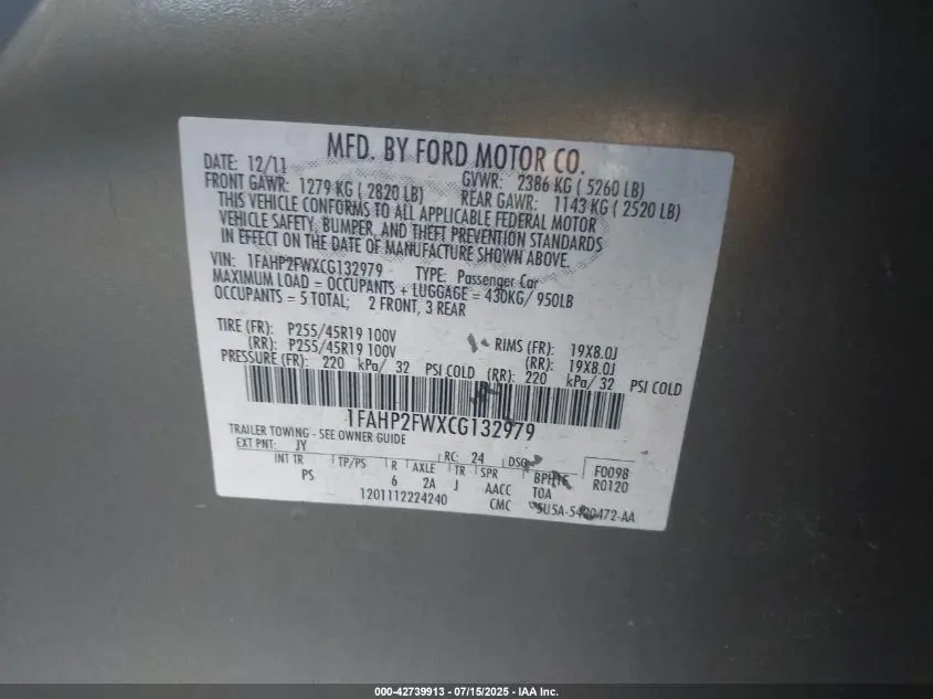 2012 FORD TAURUS LIMITED