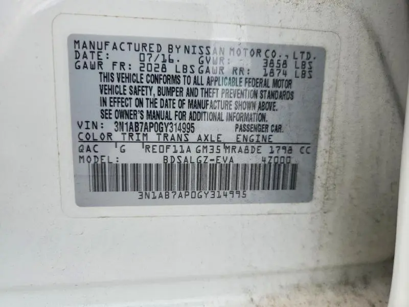 2016 NISSAN SENTRA SL  