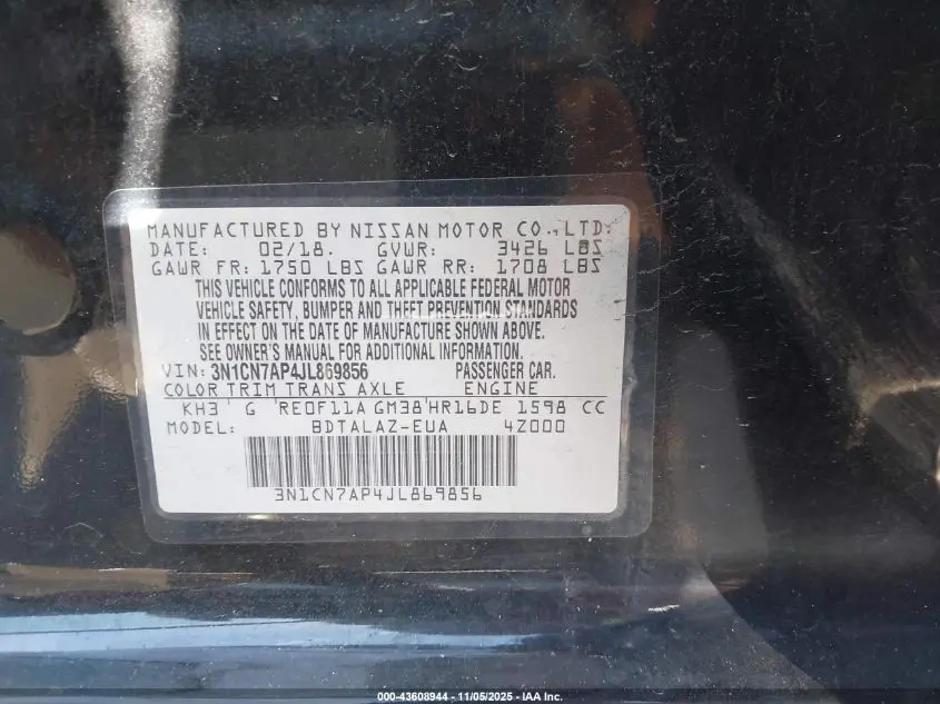 2018 NISSAN VERSA 1.6 S+