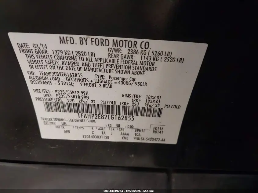 2014 FORD TAURUS SEL