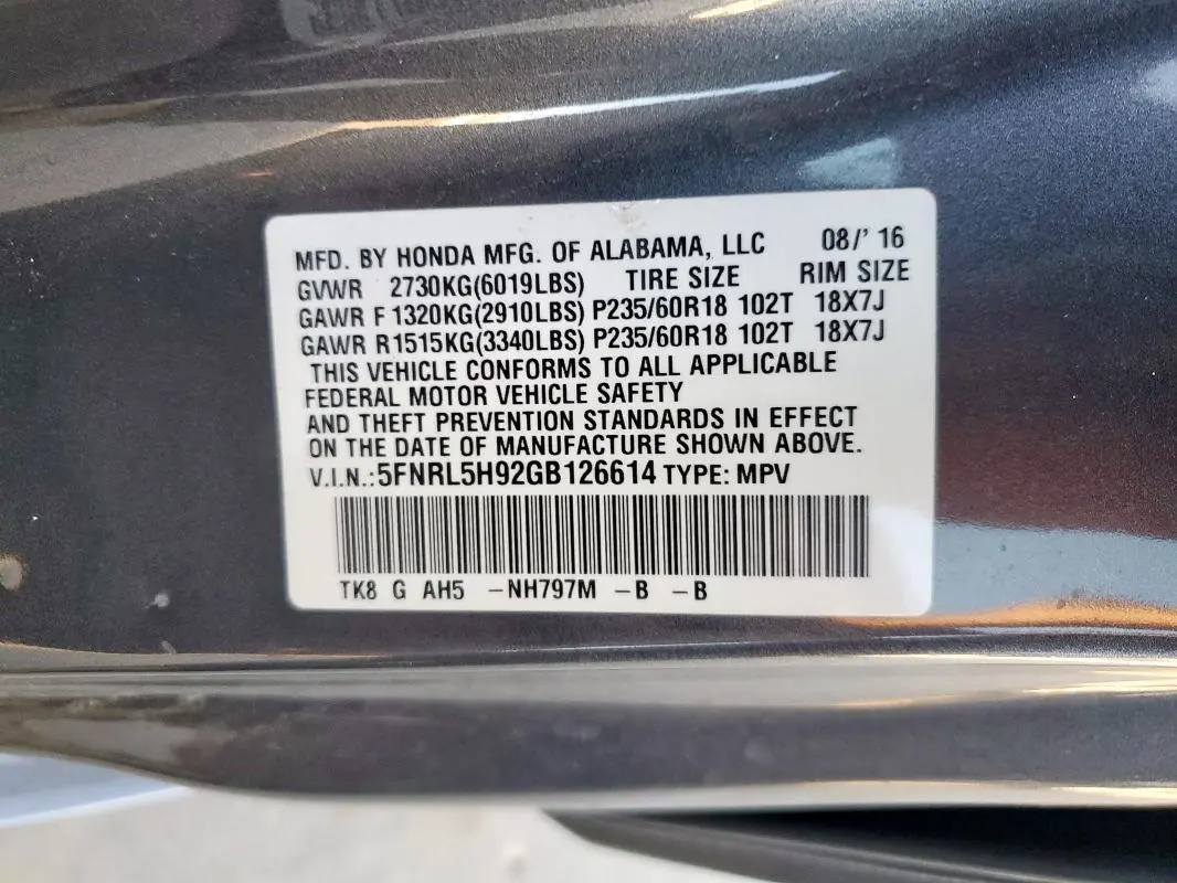 2016 HONDA ODYSSEY TOURING  