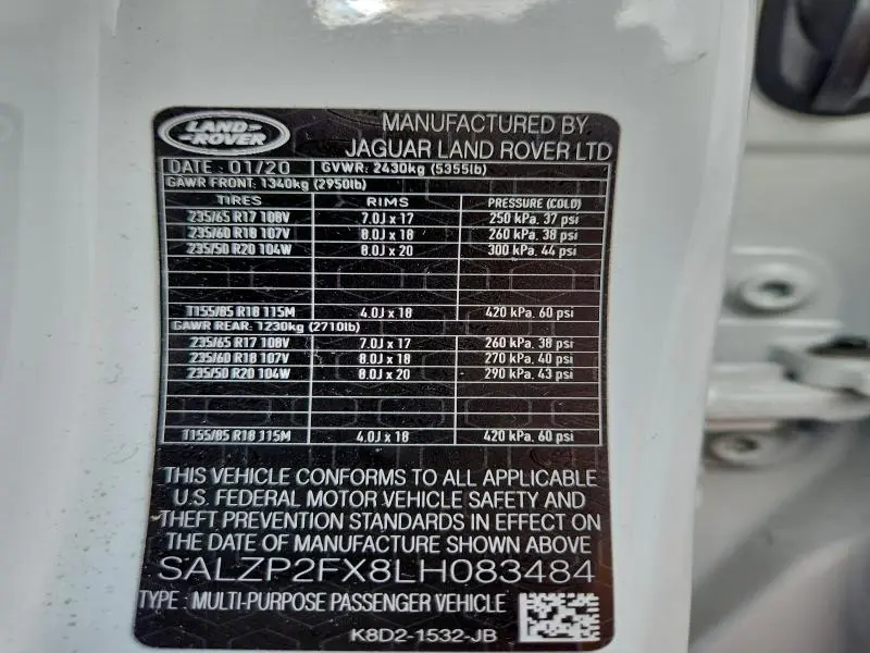 2020 LAND ROVER RANGE ROVER EVOQUE SE  