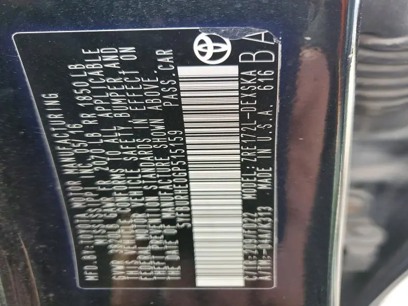 2016 TOYOTA COROLLA L  