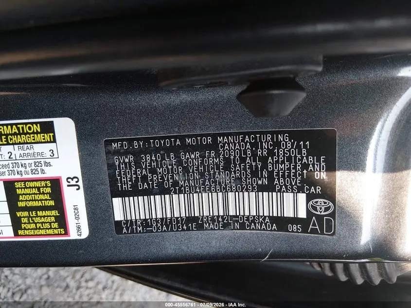 2011 TOYOTA COROLLA S