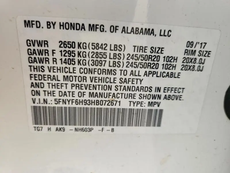 2017 HONDA PILOT TOURING  