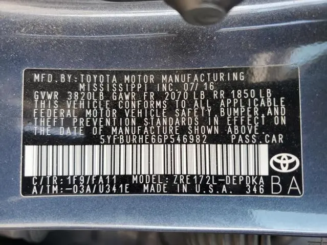 2016 TOYOTA COROLLA L  