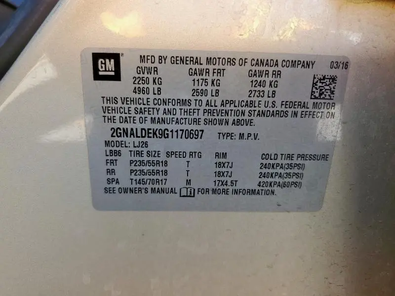 2016 CHEVROLET EQUINOX LTZ  