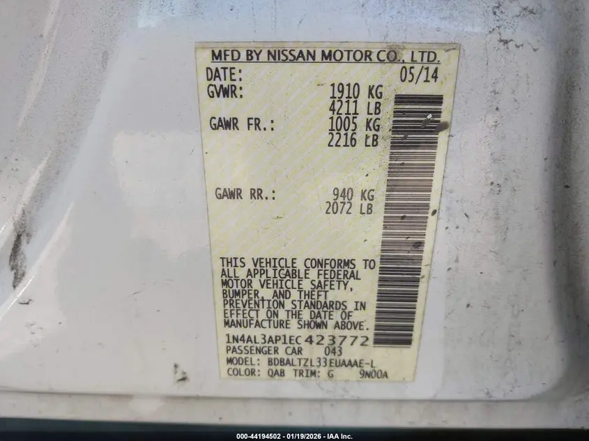 2014 NISSAN ALTIMA 2.5 SV