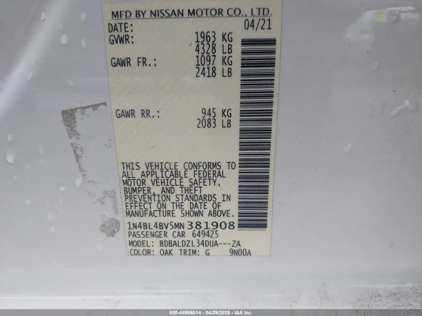 2021 NISSAN ALTIMA S FWD