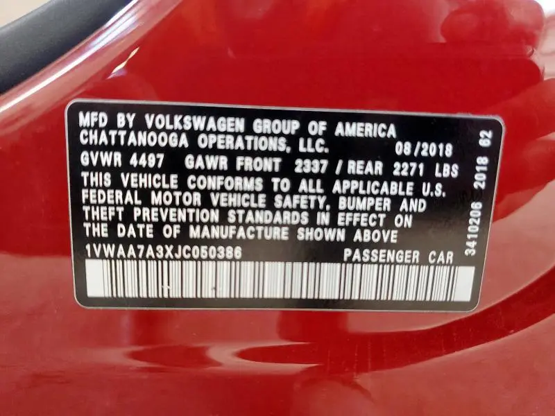 2018 VOLKSWAGEN PASSAT S