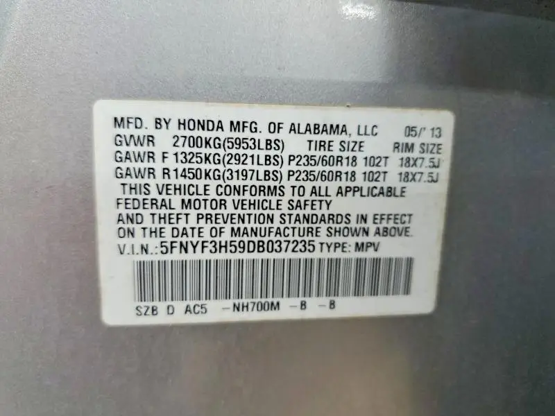 2013 HONDA PILOT EXL  