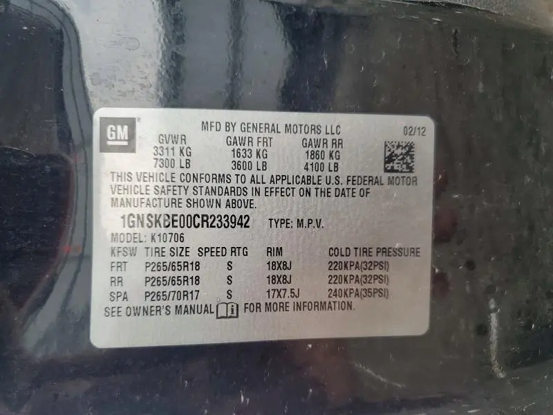 2012 CHEVROLET TAHOE K1500 LT  