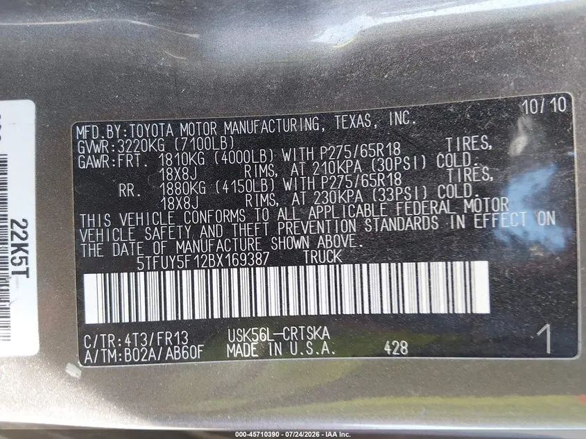 2011 TOYOTA TUNDRA GRADE 5.7L V8