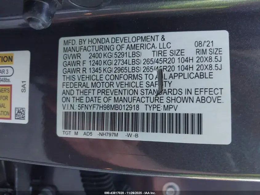 2021 HONDA PASSPORT 2WD TOURING