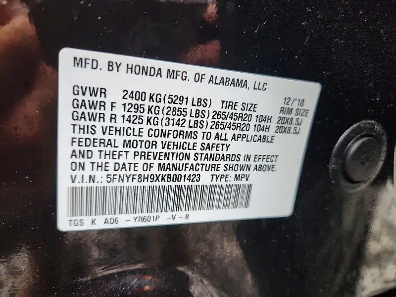 2019 HONDA PASSPORT TOURING  