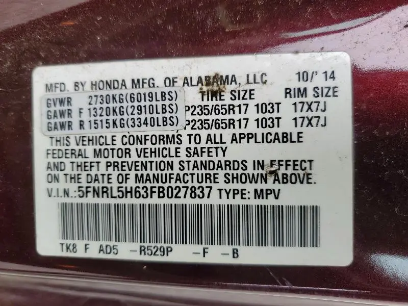 2015 HONDA ODYSSEY EXL  