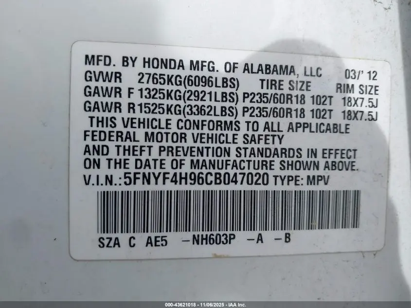 2012 HONDA PILOT TOURING