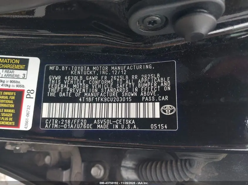 2012 TOYOTA CAMRY SE LIMITED EDITION