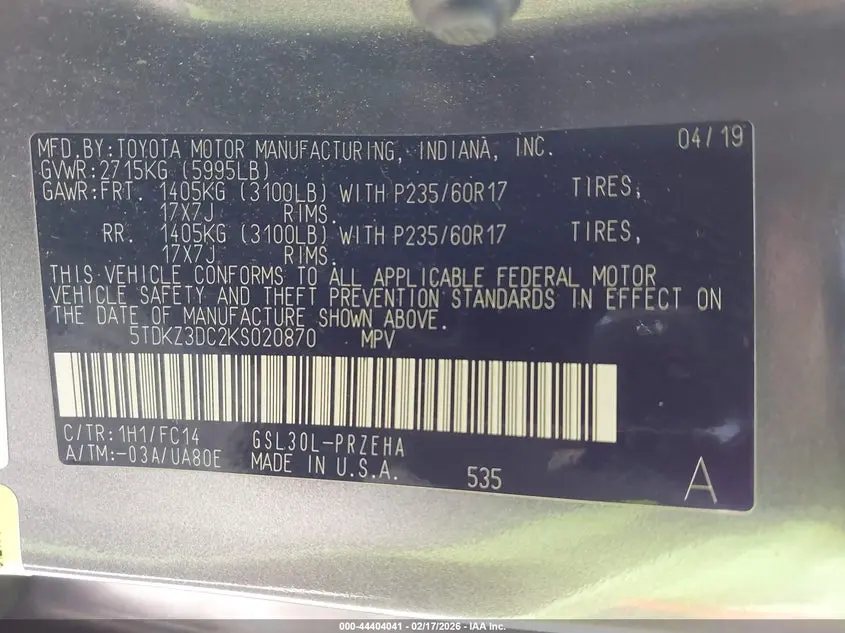 2019 TOYOTA SIENNA LE 8 PASSENGER