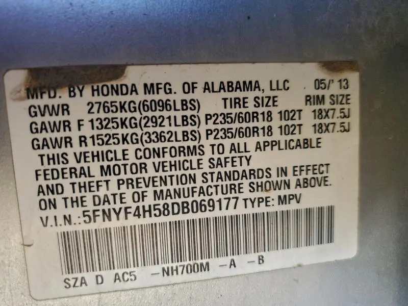 2013 HONDA PILOT EXL  