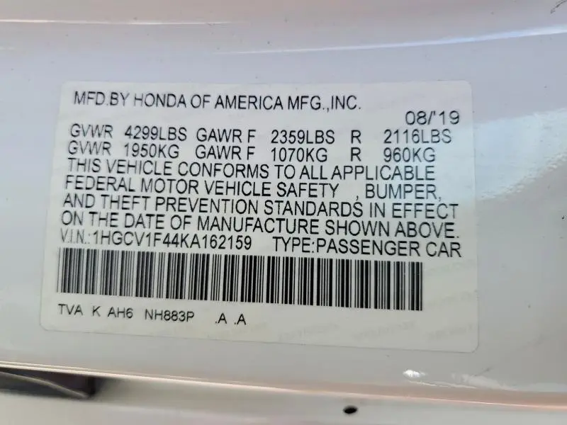 2019 HONDA ACCORD EX  