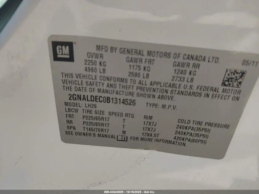 2011 CHEVROLET EQUINOX 1LT