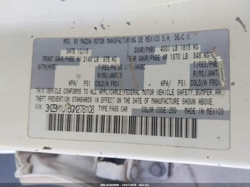 2016 MAZDA MAZDA3 I SPORT