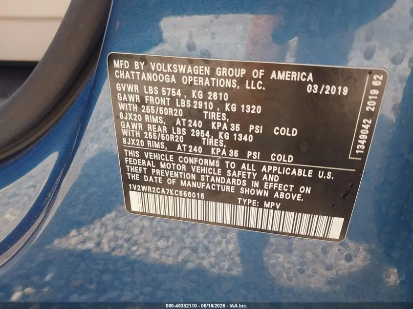 2019 VOLKSWAGEN ATLAS 3.6L V6 SE W/TECHNOLOGY