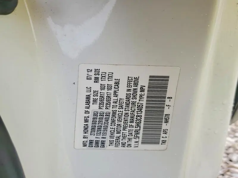 2012 HONDA ODYSSEY EXL  