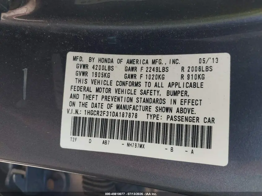 2013 HONDA ACCORD LX