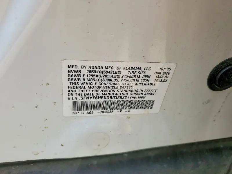 2016 HONDA PILOT EXL  