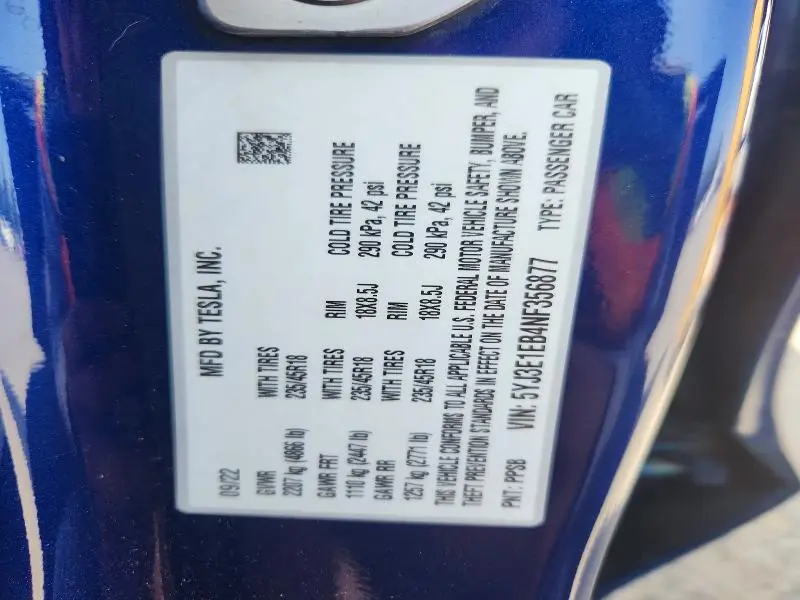 2022 TESLA MODEL 3   