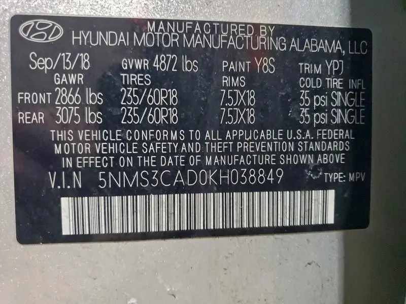 2019 HYUNDAI SANTA FE SEL  