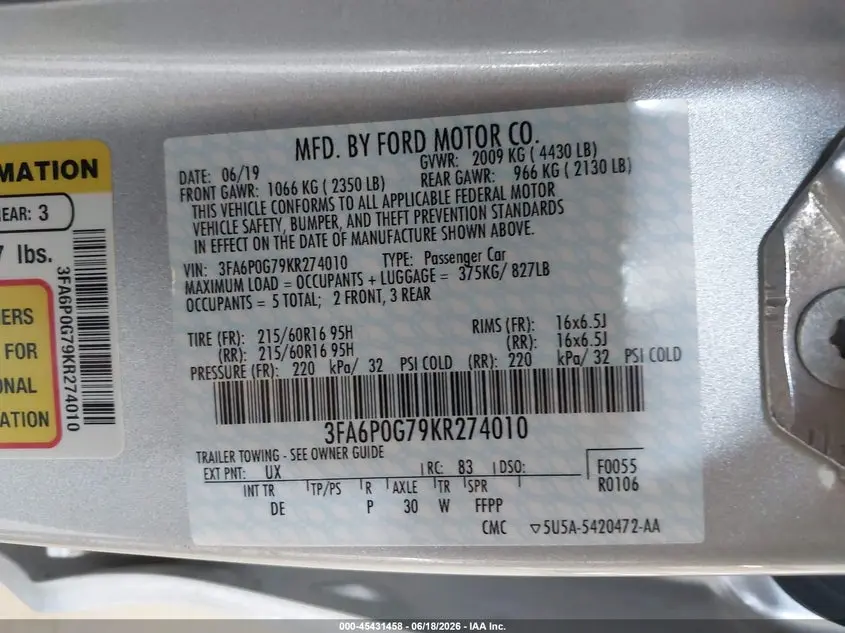 2019 FORD FUSION S