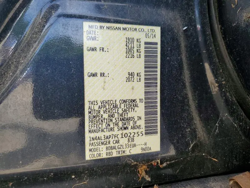 2015 NISSAN ALTIMA 2.5 S  