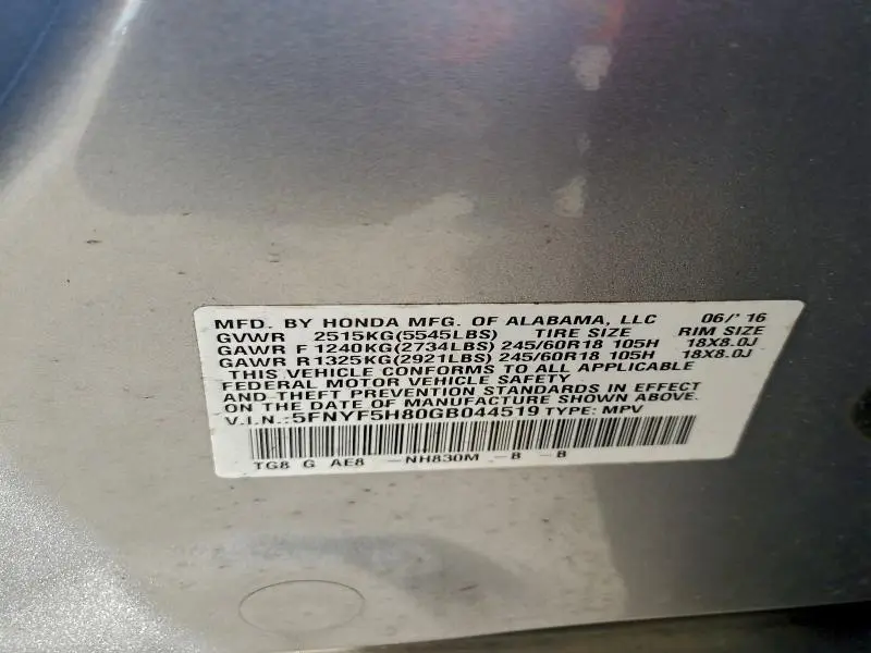 2016 HONDA PILOT EXL  