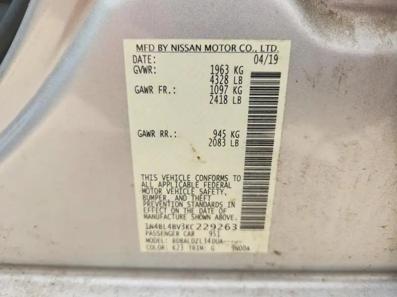 2019 NISSAN ALTIMA S  