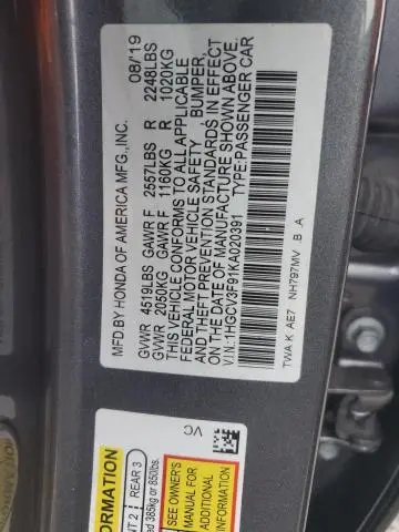 2019 HONDA ACCORD TOURING HYBRID  