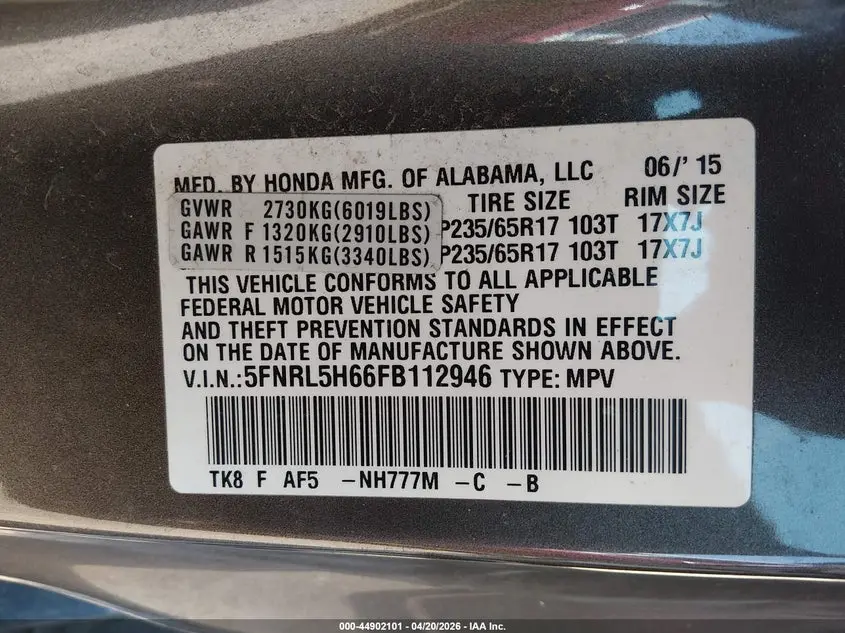 2015 HONDA ODYSSEY EX-L